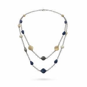 Vintage Double Strand Silver Tone Necklace Blue & Cream Beads